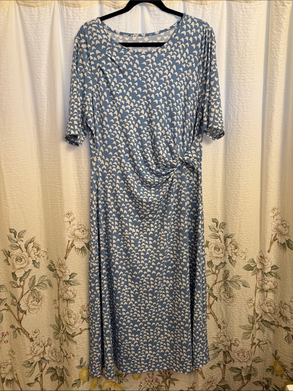 Women’s Blue Patterned Midi Dress with Side Twist